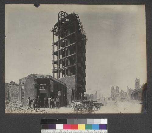 [J. Zappettini & Co. Railroad & Steamship Ticket Co. 101 Montgomery Ave. St. Francis Church in distance.]