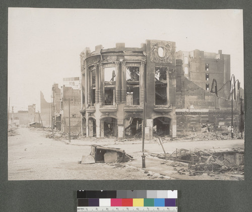 [Ruins of Tivoli Opera House, Mason and Ellis Sts. Native Sons of the Golden West monument at Market St. in distance, far left.]