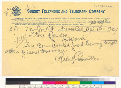 Aid for San Francisco: telegram from Relief Committee