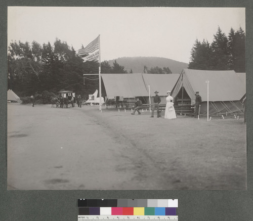 [U.S. Army Field Hospital. Picturing nurse, officers, and horse-drawn ambulance. Golden Gate Park?]