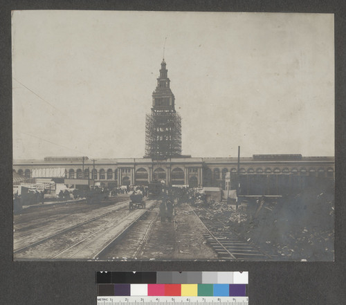 [Ferry Building during reconstruction. From Market Street.]