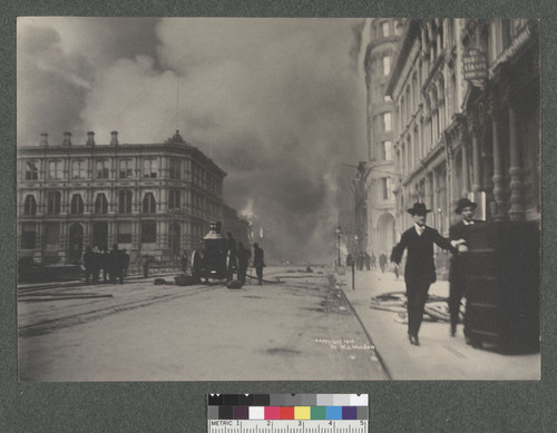 [Fire engine, California St. at Sansome. Fireman's Fund office, right.]