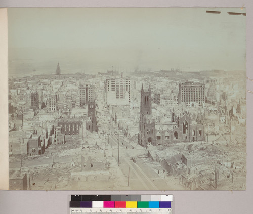 [View from Fairmont Hotel down California Street toward Ferry Building. Grace Church, right. St. Mary's Church, left.]