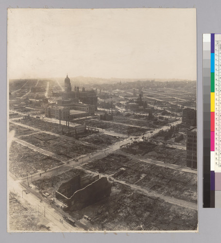 Birds-Eye View of Ruins of San Francisco from Captive Airship 600 Feet Above Folsom Between Fifth and Sixth Sts. [Left panel.]