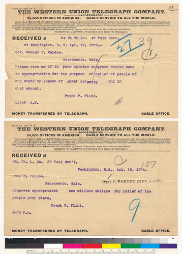 Aid for San Francisco: telegrams from Frank P. Flint