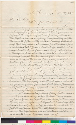 United States Custom House damage report : San Francisco, Calif., to Charles James, by William Craine and George Cofran. 1865 Oct. 17 [image]
