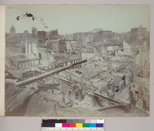 [View northwest from Rincon Hill. "Union Iron Works" printed on corner of building in foreground.]