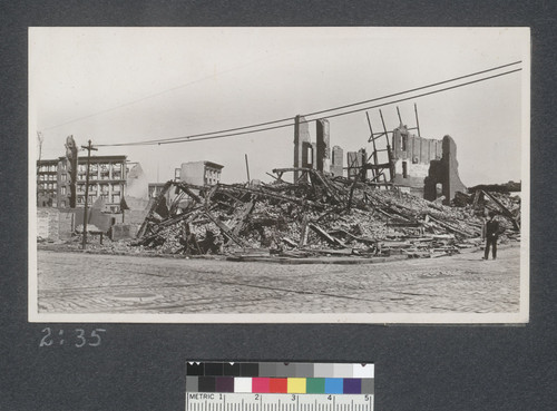 Complete wreck of 12 story steel frame fire proof building at Jones and Turk Streets. This building was uninjured by the earthquake. April 23, 1906