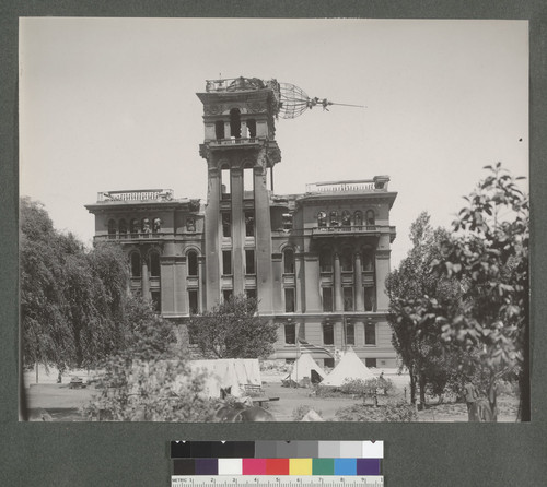 [Hall of Justice, from Portsmouth Square. Refugee tents in foreground.]