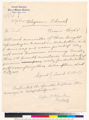 Aid for San Francisco: telegram from Frank K. Short to Gov. Pardee