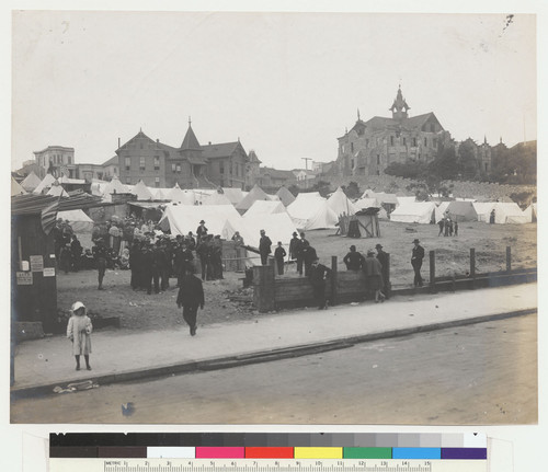 [Refugee camp near Protestant Orphan's Asylum (in distance, right). Market St. near Buchanan.]