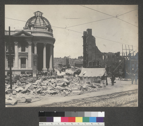 [Hibernia Bank. McAllister and Jones Streets, from Market Street. Ice cream and soda advertised on tent.]