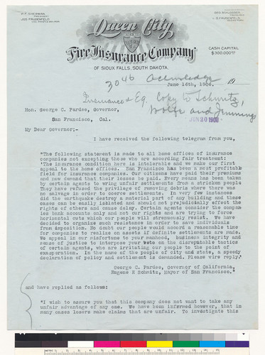 Earthquake Settlements: Queen City Fire Insurance Company [page 1]