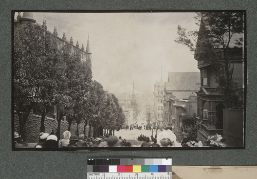 [Group of onlookers view fire from hillside. Unidentified location.]