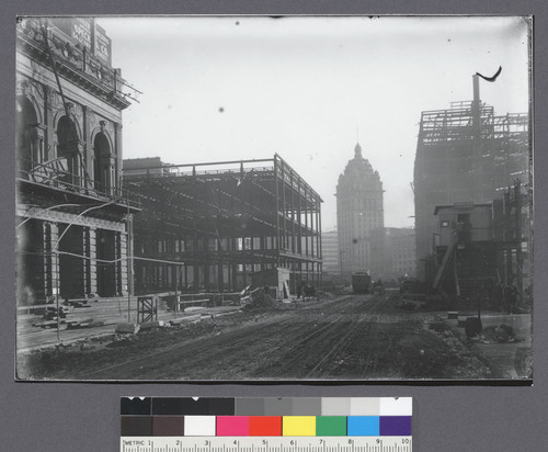 Humbolt [i.e. Humboldt] Tall Building, Market Street; Butler Bldg. 54 Geary. [Incorrect caption. View down O'Farrell St. toward Call Building, during reconstruction.]