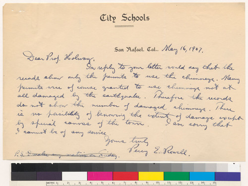 Letter to R.S. Holway from Percy E. Rowell: May 16, 1907