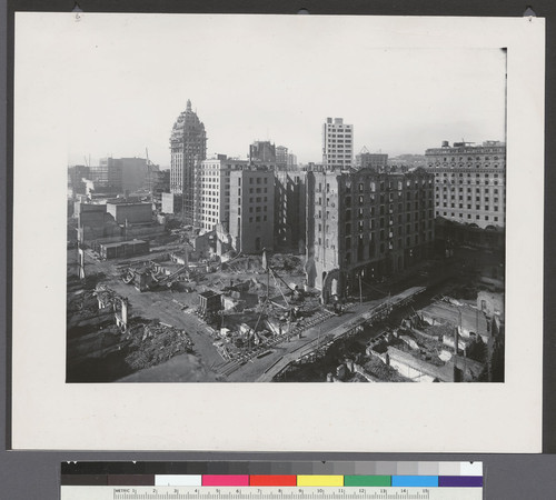 View north from Atlas Bldg. [Part 1 of 3-part panorama. Looking toward Palace Hotel ruins, center, and Call Building, left center.]