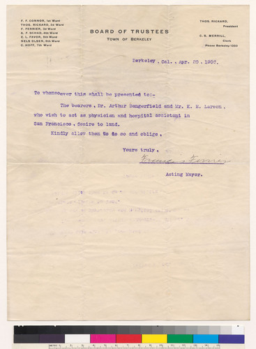 Letter of introduction from Berkeley Board of Trustees, dated 20 April, 1906, 1 item