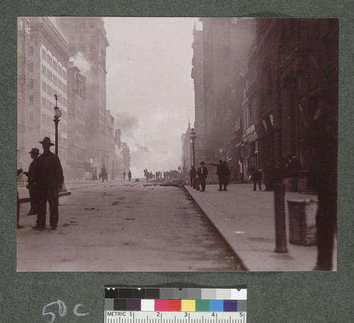 [View south-west along Market Street from near Montgomery and Post. Fire burning in distance.]