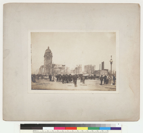 No. 32. Market St. looking S.E. [Near Ellis, Stockton and Fourth Sts. People milling on Market St. after fire ends.]