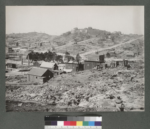 [Temporary dwellings, North Beach vicinity. View west from Telegraph Hill toward Russian Hill. Washington Square, center.]