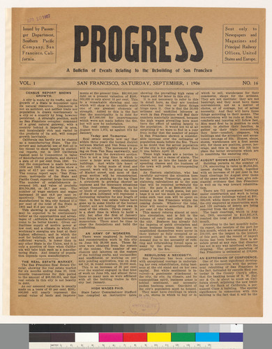 Journal of progress: A Bulletin of Events Relating to the Rebuilding of San Francisco: Vol. 1 No.16