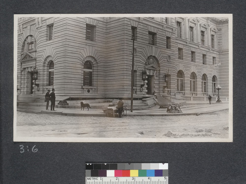 View of the sout [sic] east corner of the new post office showing how the street has moved and settled away from the building