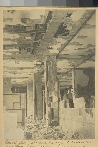 Fourth floor, showing damage to hollow tile partitions; also to ceilings by cracking of lower flanges of tile, - what remains is not able to sustain weight [Mills Building?]