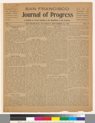 Journal of progress: A Bulletin of Events Relating to the Rebuilding of San Francisco: Vol. 1 No. 19