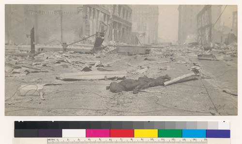 One of [the] victims of the fire. April 20th 06. [Post and Grant Sts. Looter shot by soldier and left to burn. See Hansen & Condon, _Denial of Disaster_, p.76.]