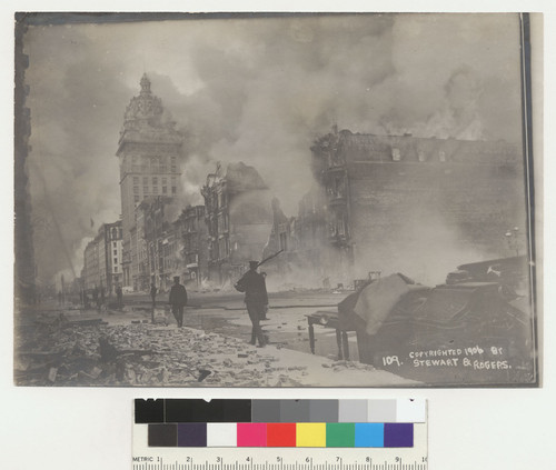 [No. 109.] [Call Building and surrounding structures burning. Officers patrolling Market St.]