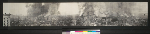 The Burning City--San Francisco. 10 a.m. April 18, 1906. [View east from Mark Hopkins Institute of Art, Nob Hill. Dimensions (23 x 137 cm.) are of visible image only.]