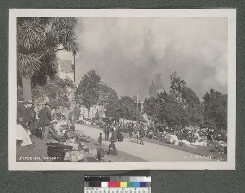 Jefferson Square. [During fire. Dome of City Hall in distance, center.]