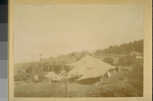 [Wooden building with collapsed roof, related to San Francisco water supply?]