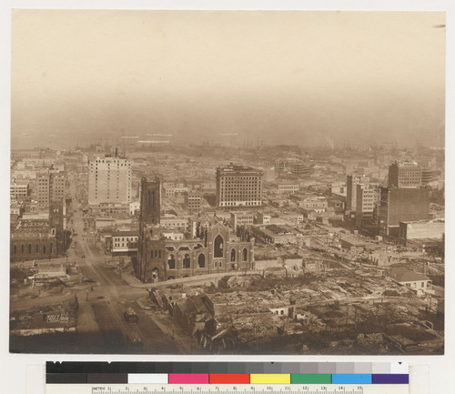 [View east from Fairmont Hotel atop Nob Hill, looking down California Street and over downtown. Old St. Mary's Church, far left; Grace Church, left center.]