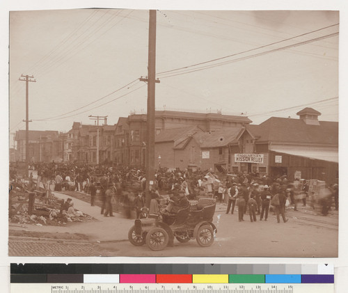 Mission Relief Headquarters. [Guerrero near Twenty-fifth St. Crowd in street.]