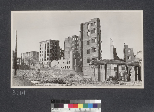 [View of ruins. Fairmont Hotel atop Nob Hill in distance, left.]