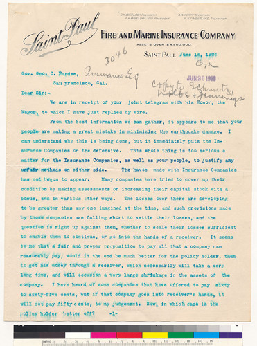 Earthquake Settlements: Fire and Marine Insurance Company, Saint Paul, MN