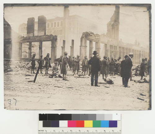 Sutter and Sansome St. [No. 37.] [Soldiers gathered in street.]