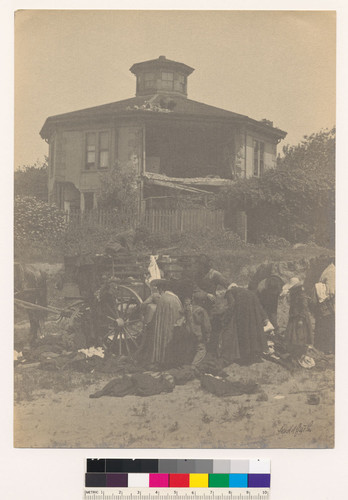 Earthquake damage. Refugees receiving clothing in the foreground. [Cavagnaro family, who owned octagonal house (built 1864) in background at Union and Gough Sts.]