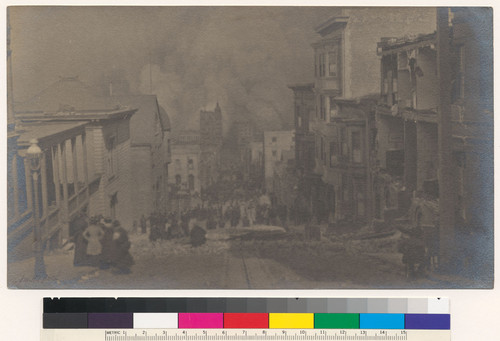 Looking down Sacramento Strt. (from Powell St.) towards the Bay, on the morning of April 18th 1906