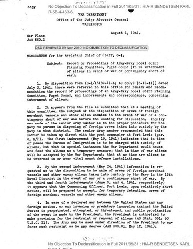 McNeil memo regarding record of proceedings of Army-Navy Local Joint Planning Committee, Puget Sound (in re internment of aliens in event of war or contingency short of war)