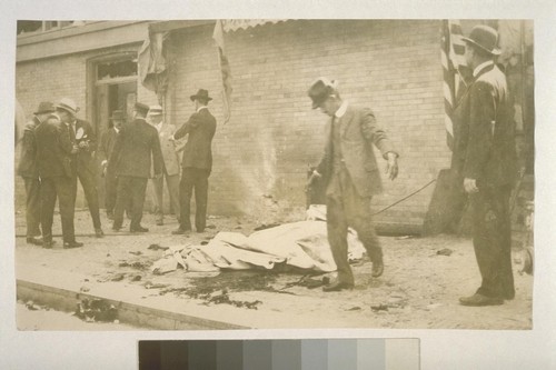 Scene of bomb explosion at the corner of Steuart and Market streets, during the Preparedness Parade, Saturday, July 22, 1916. One marcher in the parade was killed and seven spectators were killed and forty injured. [Duplicate of No. 02828.]