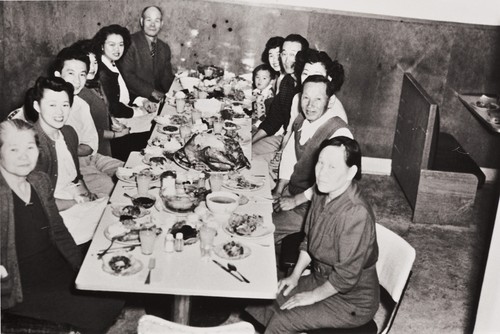 Nakano, Aoyama, Kojima and Gyotoku families : Thanksgiving at Snappy Lunch Fountain, Guadalupe : 1947