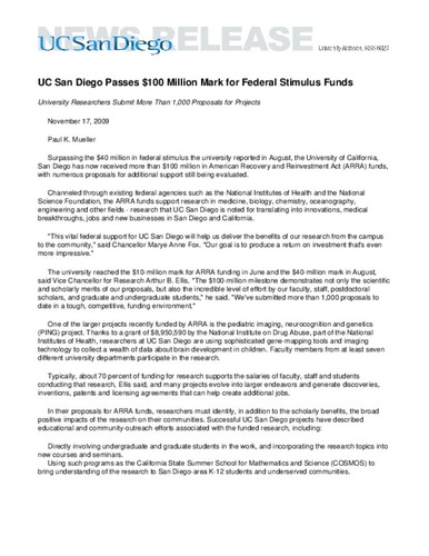 UC San Diego Passes $100 Million Mark for Federal Stimulus Funds--University Researchers Submit More Than 1,000 Proposals for Projects