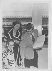 Helen Putnam and Lillian McIntosh preparing for a television appearance, Petaluma?, California, April 21, 1952
