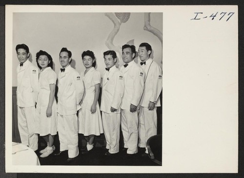 Seven Nisei waiters employed at the Elms Hotel, resort center about thirty miles north of Kansas City, are standing as