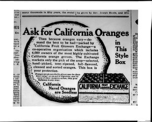 Newspaper advertisement for the California Fruit Growers Exchange, ca.1920