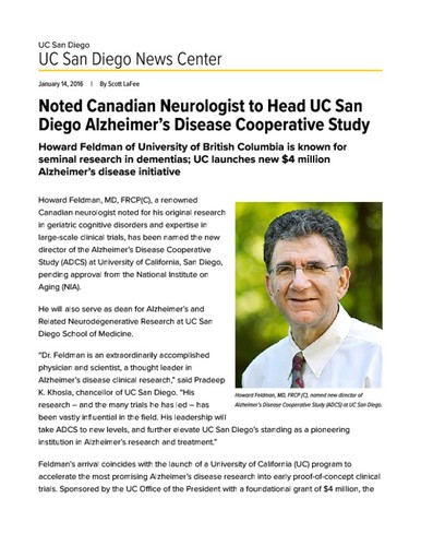 Noted Canadian Neurologist to Head UC San Diego Alzheimer’s Disease Cooperative Study