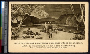 Diorama of missionaries on a river bank at evening, Gabon, ca.1900-1930